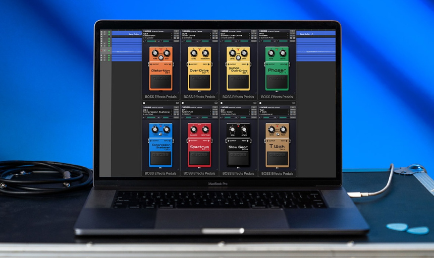 Plugin de los pedales Boss en un portátil.