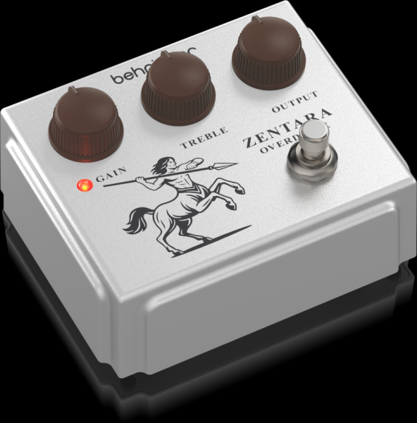 Pedal Behringer Zentara Overdrive Silver, con caja plateada y tres controles