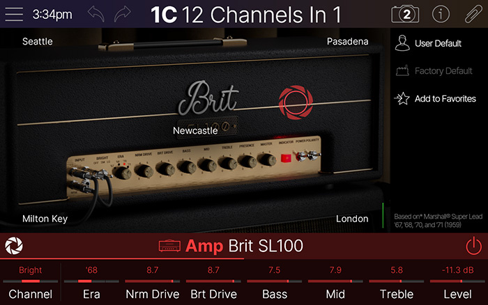 Captura de pantalla del bloque de ampli Brit SL100 con parámetros visibles