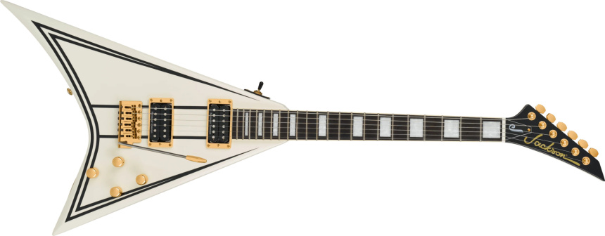 Guitarra Jackson Randy Rhoads CD1 en V asimétrica con acabado marfil, filetes negros y herrajes dorados vista frontal