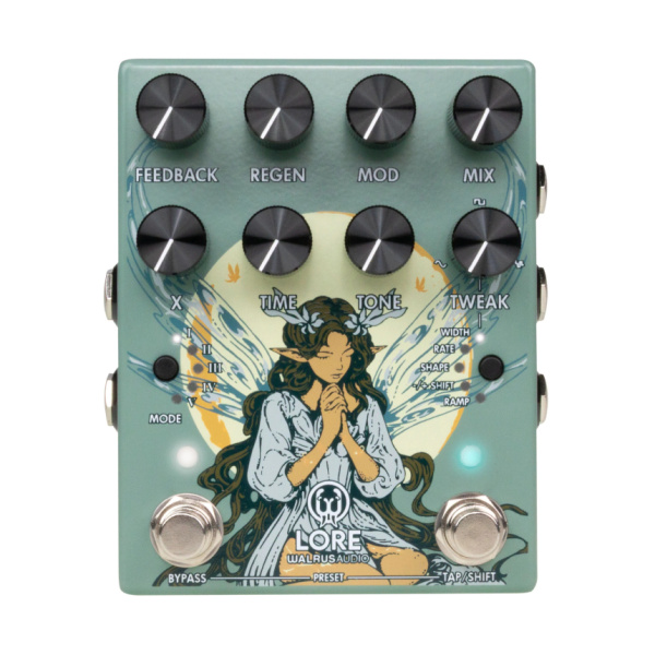Pedal verde de Walrus Audio Lore MKII con ilustración de un hada, ocho mandos negros y dos conmutadores en vista frontal