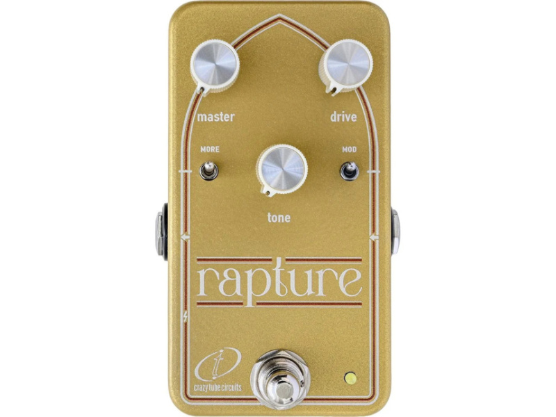 Pedal de efecto Crazy Tube Circuits Rapture con acabado dorado, mandos master drive y tone, conmutadores more y mod y un pulsador