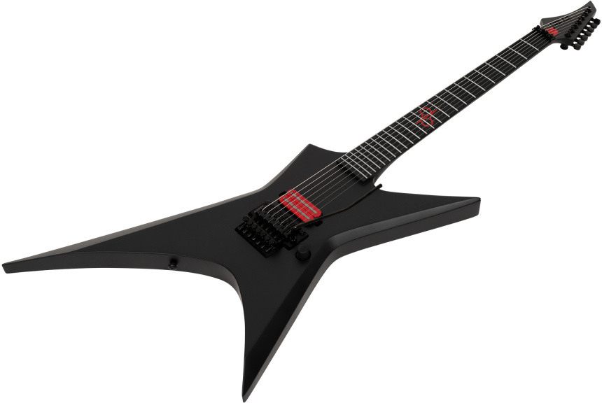 Vista en tres cuartos de una guitarra eléctrica negra mate con pastilla roja y vibrato negro sobre fondo blanco
