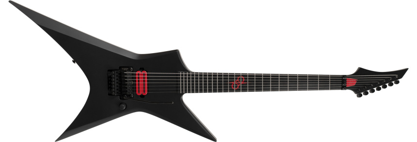 Vista frontal horizontal de la guitarra negra mate con detalles rojos sobre fondo blanco