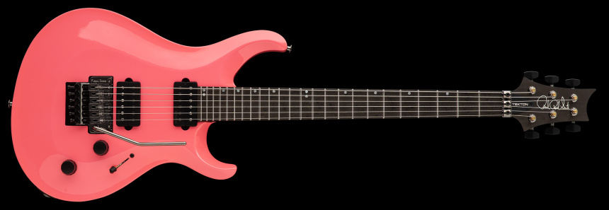 Guitarra PRS Tekton color Hot Pink con puente Floyd Rose en horizontal sobre fondo negro