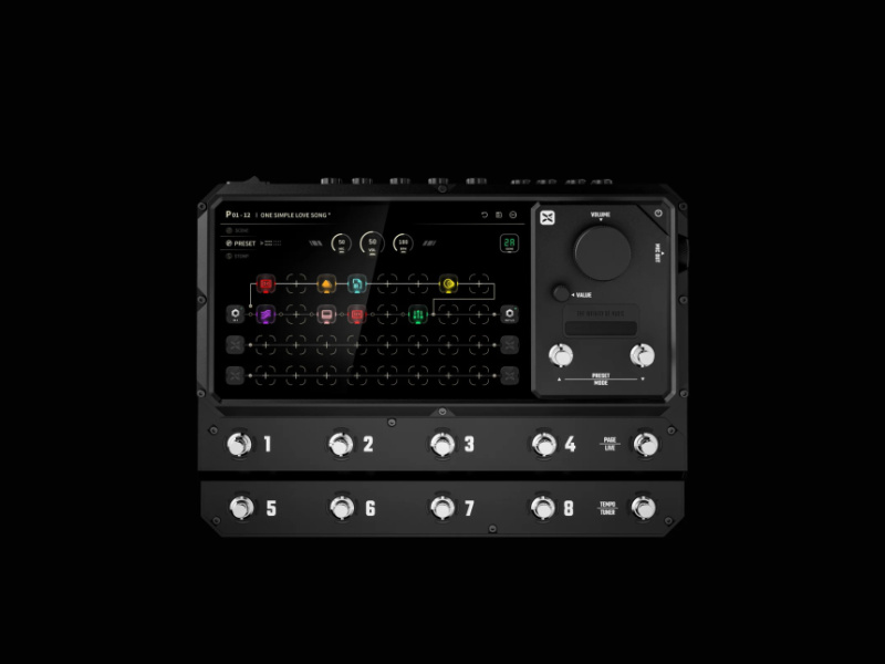 Vista superior del Xrecer XR-1, pedalera negra con pantalla grande, diez pulsadores y fondo negro