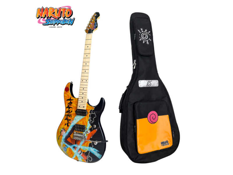 Guitarra eléctrica junto a su funda negra con bolsillo naranja, espiral roja y logotipo de Naruto Shippuden