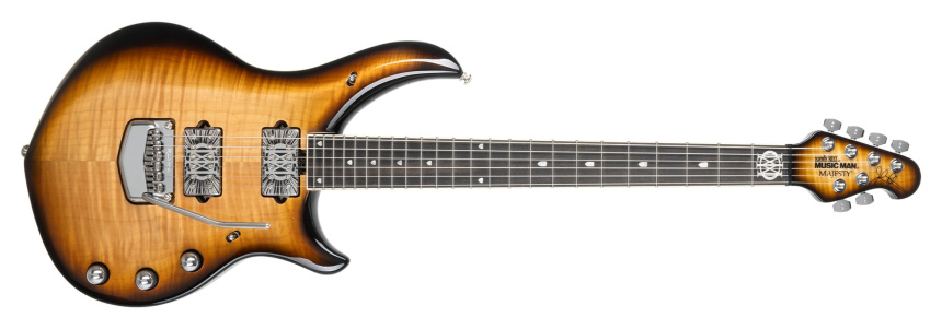Guitarra Majesty BFR de 6 cuerdas en acabado Blonde Roast con tapa de arce flameado y tapas de pastillas cromadas