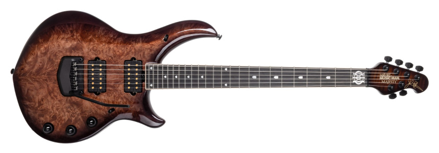 Guitarra Majesty BFR de 6 cuerdas en acabado Chocolate Grizzle con tapa de raíz de arce marrón y tapas de pastillas negras