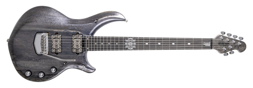 Guitarra Majesty BFR Lost in Space con acabado metálico gris envejecido, logotipo grande e incrustación JP