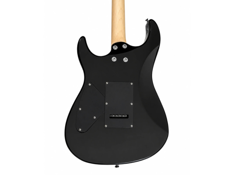 Parte trasera de la guitarra con cuerpo negro, mástil de arce, placa de unión atornillada y tapa del mecanismo vibrato.