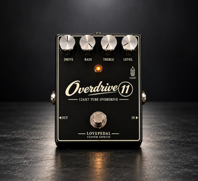 Pedal Lovepedal Overdrive 11 negro con cuatro potenciómetros metálicos, LED ámbar encendido y dibujo de válvula 12AX7 sobre fondo oscuro.