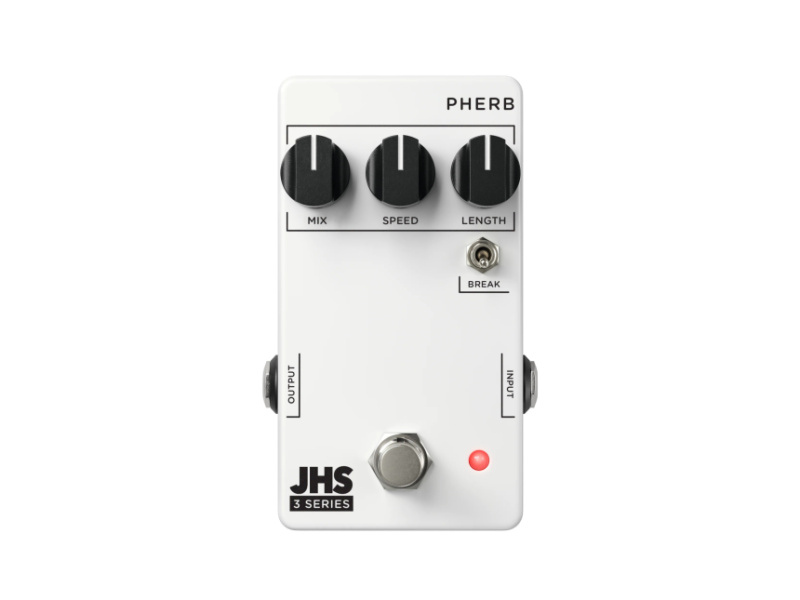 Pedal de efecto JHS 3 Series Pherb con tres mandos, un miniconmutador y dos jacks sobre fondo blanco