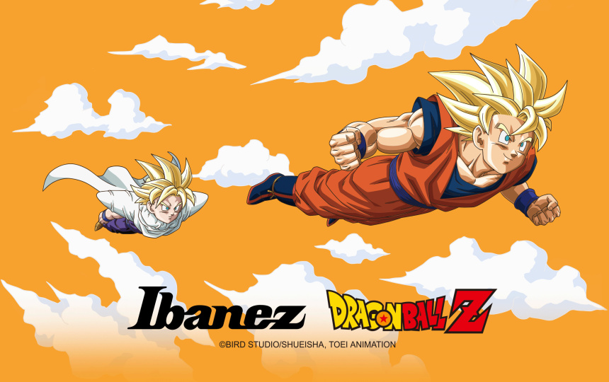 Imagen de campaña con Goku y Gohan en Super Saiyan volando sobre fondo naranja con nubes, junto a los logotipos de Ibanez y Dragon Ball Z.
