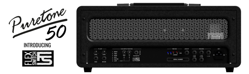 Panel trasero del Hughes & Kettner Puretone 50 con conexiones, selector FlexSwitch y logotipos