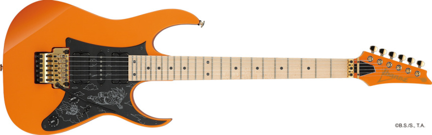 Vista completa de la guitarra RG con cuerpo y pala naranjas, clavijas doradas y diapasón de arce.