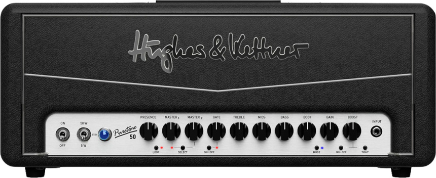 Vista frontal del cabezal Hughes & Kettner Puretone 50 con tolex negro, logotipo en la rejilla y panel plateado con sus controles