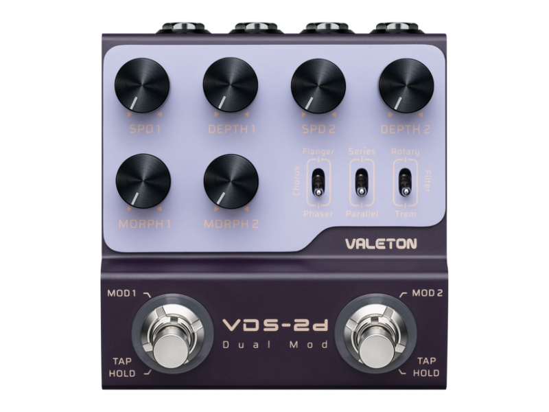 Panel del Valeton VDS-2d con los mandos SPD, DEPTH y MORPH y los pulsadores MOD 1 y MOD 2