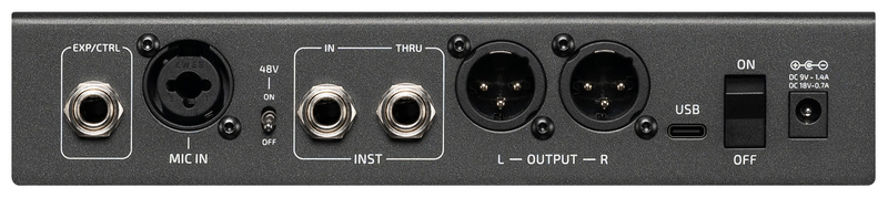 Panel trasero de Hotone Voclas con entrada de micro, entrada y salida de instrumento, dos salidas XLR, USB e interruptor de encendido