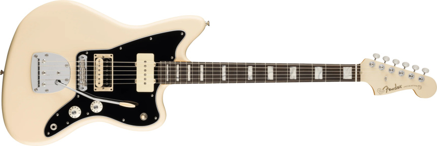 Vista frontal completa de la Fender Kim Gordon Jazzmaster con acabado Olympic White y golpeador negro sobre fondo blanco
