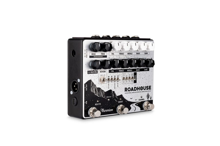 Vista lateral izquierda del pedal Thermion Roadhouse mostrando salidas XLR y USB-C.