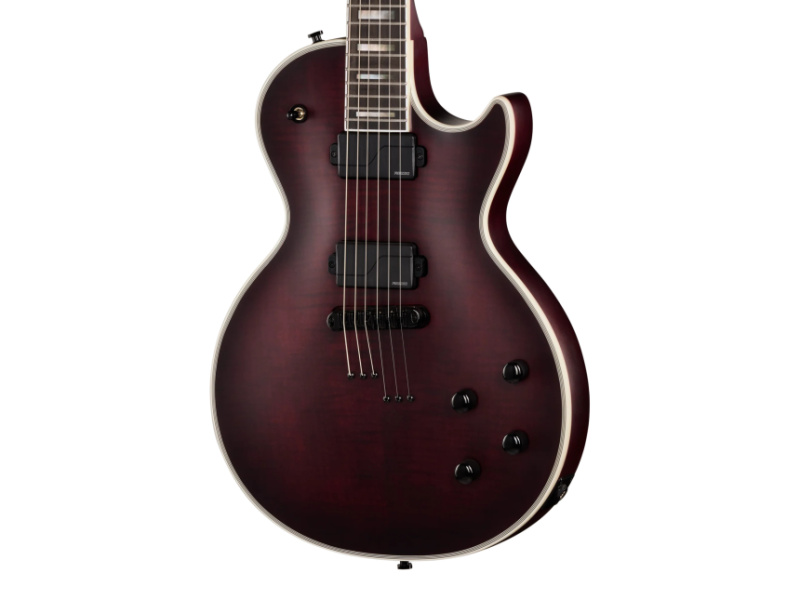 Cuerpo de la Epiphone Prophecy Les Paul en acabado Crimson Fog Satin, con filete blanco y dos pastillas Fishman Fluence