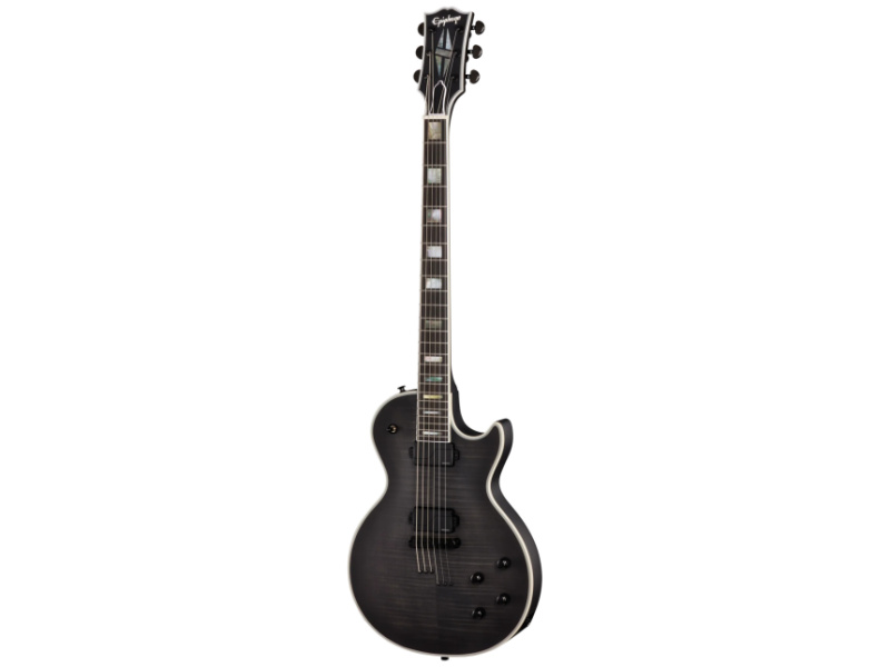 Epiphone Prophecy Les Paul Baritone completa en acabado Obsidian Storm Satin, con incrustaciones de bloque