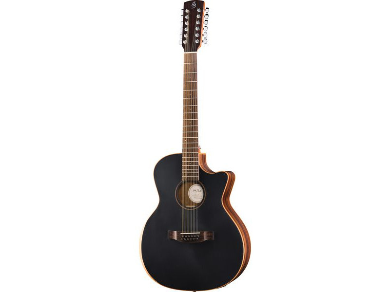 Harley Benton CLG-70SR CE 12 SBK de frente, con tapa negra, cutaway y clavijero de 12 cuerdas