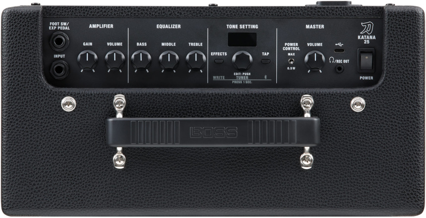 Panel superior del BOSS Katana-25 con mandos de ganancia, volumen y ecualizador, pantalla y conmutador Power Control