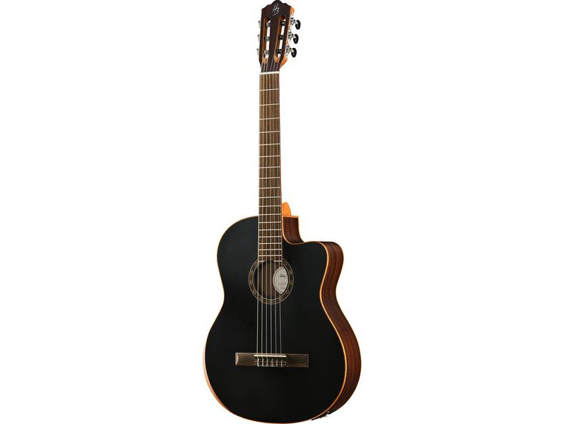 Versión negra de la Crossover de Harley Benton, con tapa negra, cutaway y clavijero de guitarra clásica