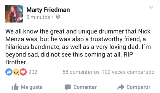 Tweet de Dave Mustaine informa del fallecimiento de Nick Menza