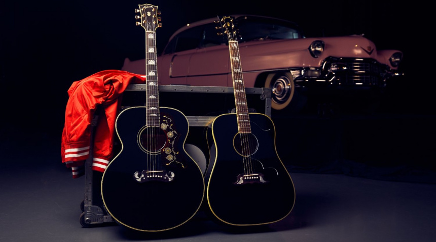 Gibson Elvis SJ-200 y Elvis Dove  junto a Cadillac