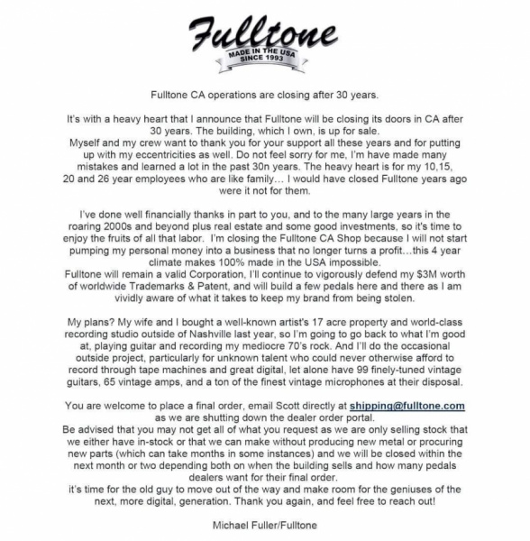 Fulltone, el comunicado del cierre
