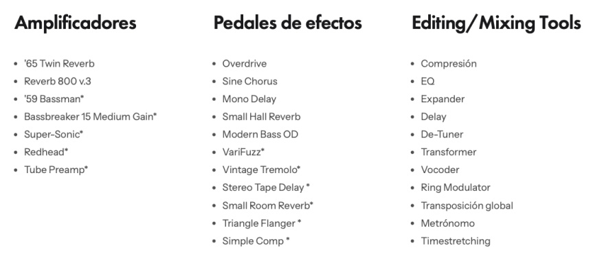 Lista de amplis y efectos en Fender Studio