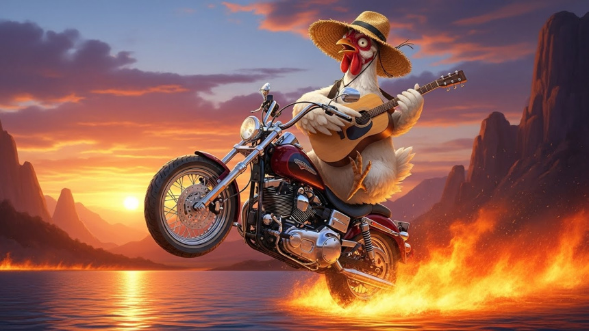 gallina estrábica con sombrero estilo pamela que toca la guitarra mientras va en moto harley davidson sobre un lago de fuego