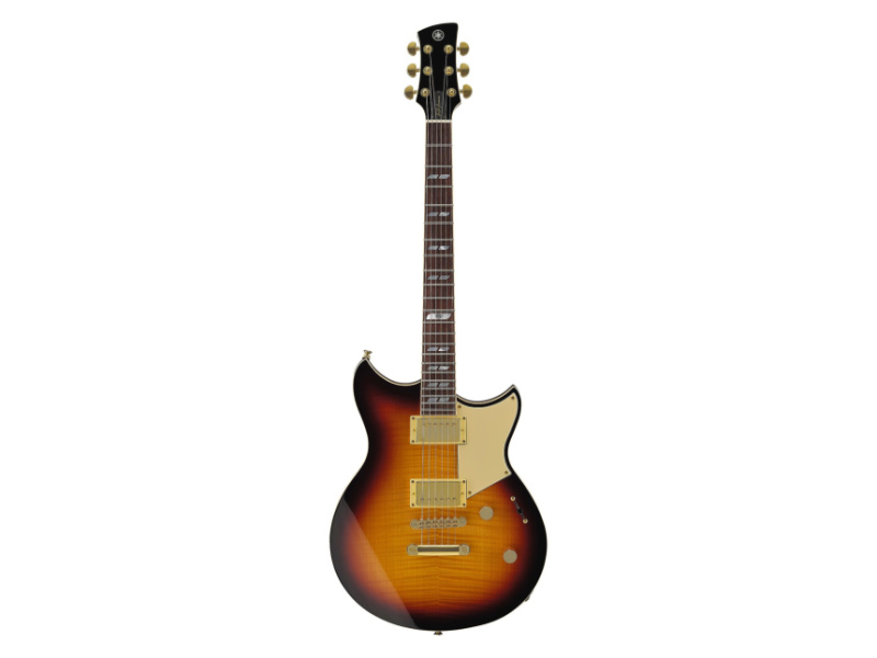 Vista frontal de una guitarra Yamaha Revstar RS20MM con acabado sunburst sobre fondo blanco