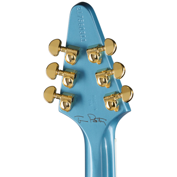 Dorso de la pala con acabado Pelham Blue, afinadores Grover dorados y firma de Tom Petty.