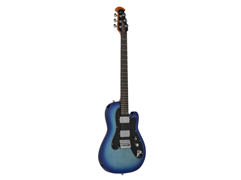 Guitarra entera de frente, modelo Ovation Viper IV con acabado azul degradado y golpeador negro