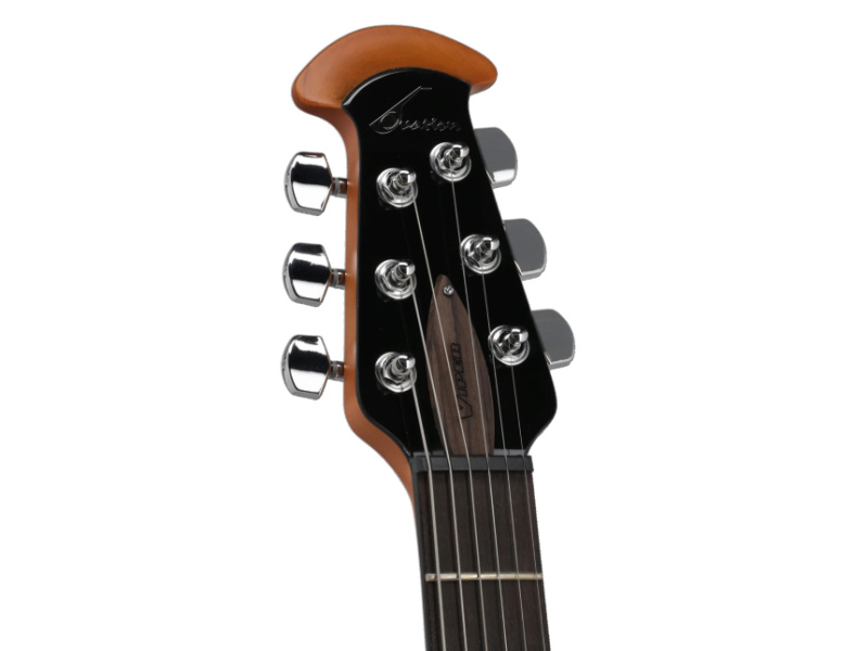 Pala de frente de una guitarra Ovation con clavijas cromadas y logotipo de la marca