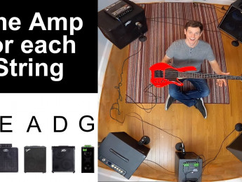Tocando un bajo de 5 cuerdas con un amplificador y un efecto para cada cuerda